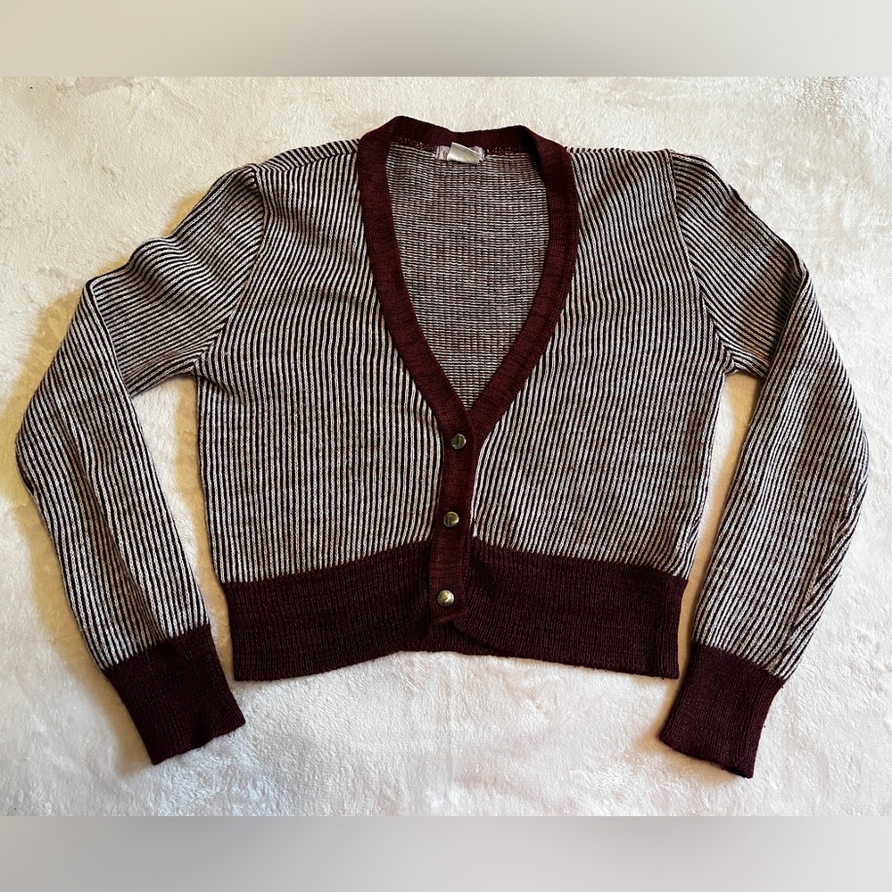 Urban Outfitters Striped Burgundy and Cream V-Neck Cardigan